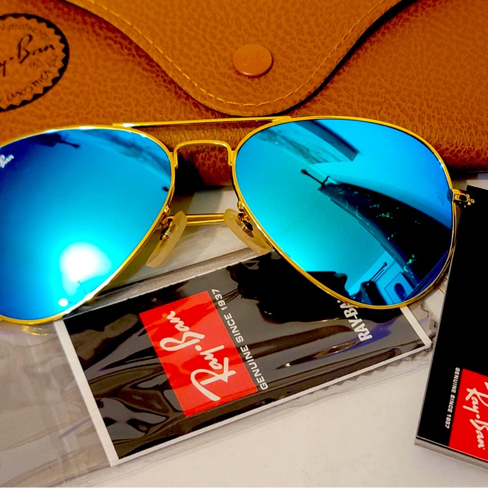 Ray-Ban Aviator Sunglasses RB3025 55mm Gold Frame with Blue Mirror Lenses